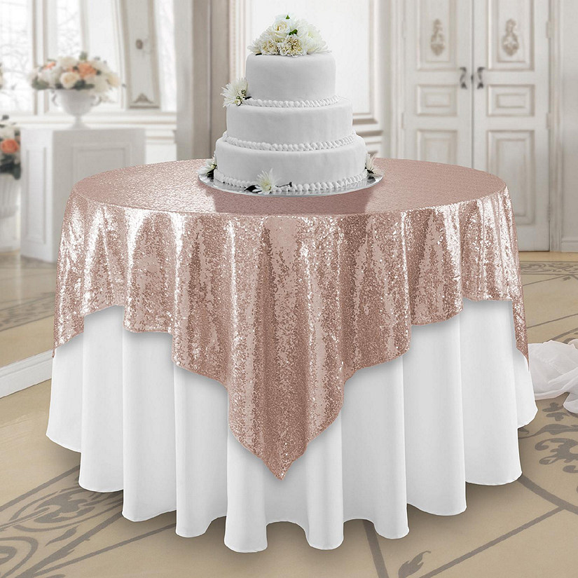 Lann's Linens 72x72 Rose Gold Sequin Sparkly Table Overlay Tablecloth Cover Wedding Party Image