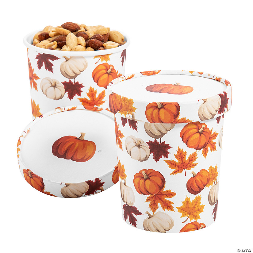 Large Fall Leaves and Pumpkins Disposable Paper Snack Bowls with Lids- 12 Pc. Image
