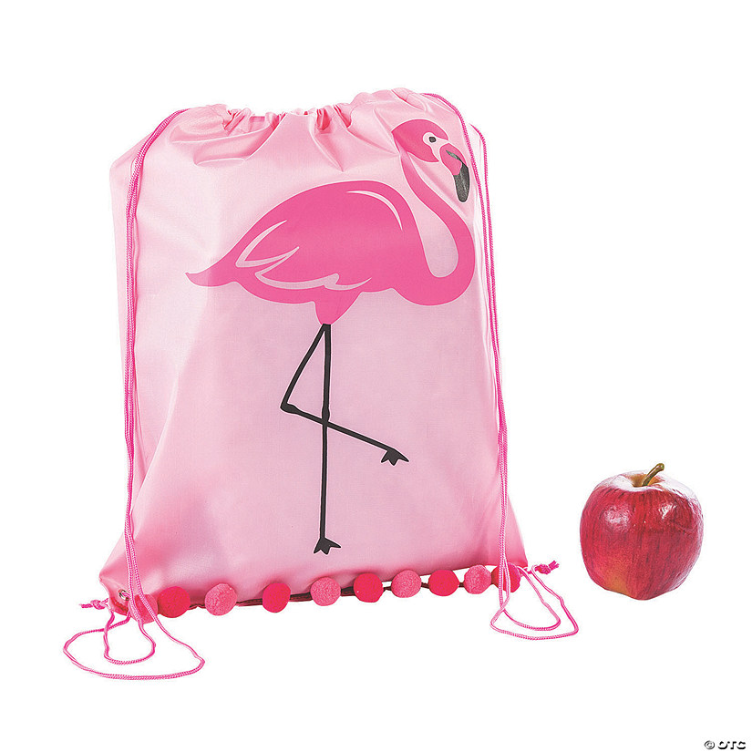 Large Flamingo Drawstring Bags with Pom Fringe Image