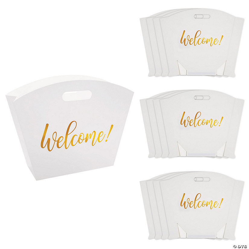 Large Gold Foil Welcome Cardstock Gift Bags with Cutout Handle - 12 Pc. Image
