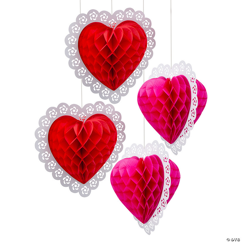 Large Valentine Heart Honeycomb Hanging Decorations - 4 Pc. Image