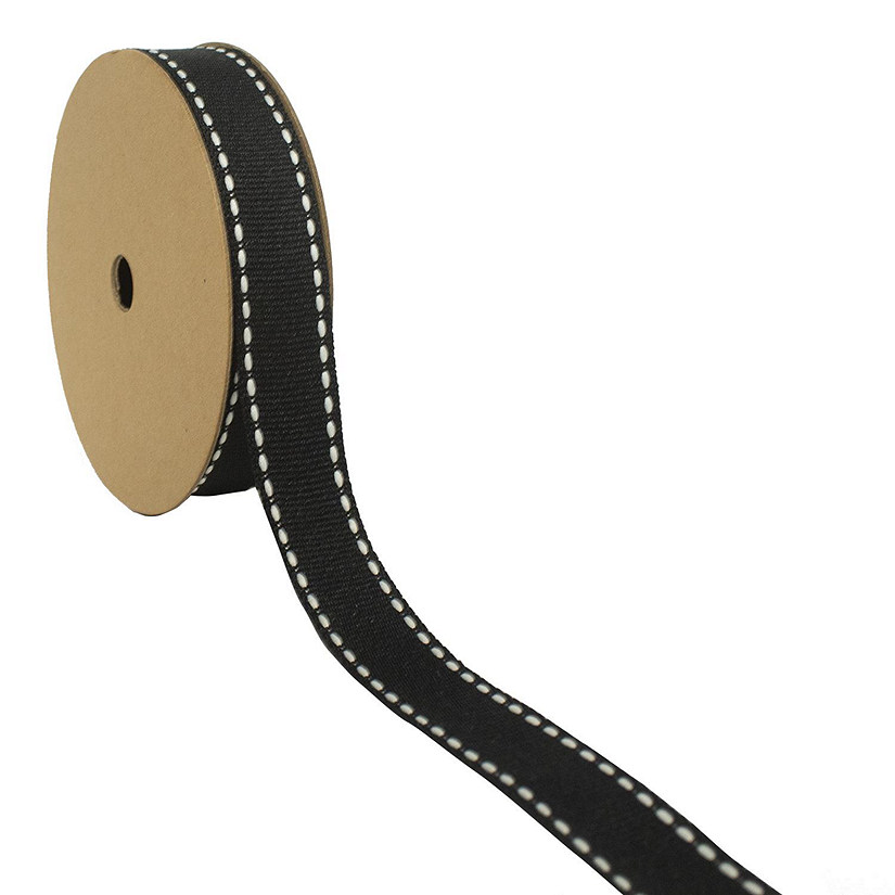 LaRibbons 5/8" Saddle Stitch Grosgrain Ribbon Black/White-25 Yard Roll Image