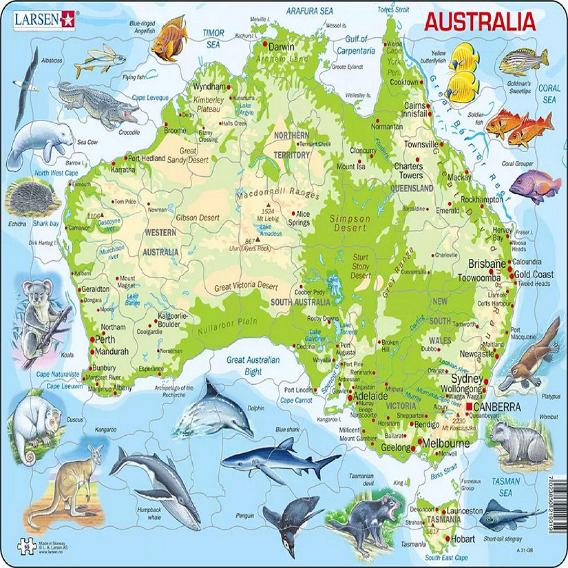 Larsen Australia Map with Animals 65 Piece Children's Educational Jigsaw Puzzle Image