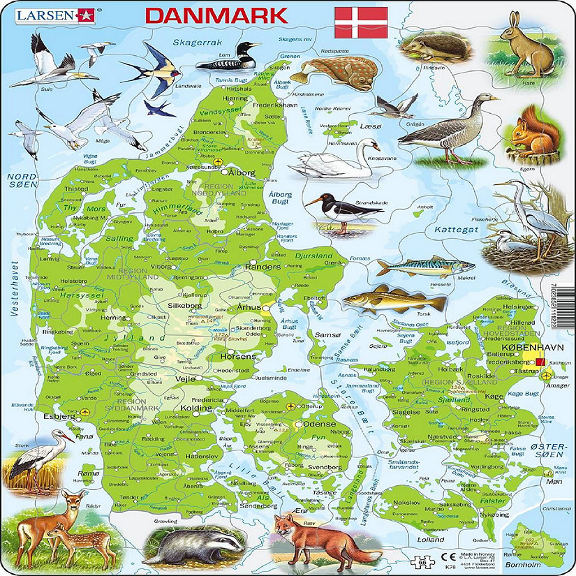 Larsen Denmark Map with Animals 66 Piece Children's Educational Jigsaw Puzzle Image