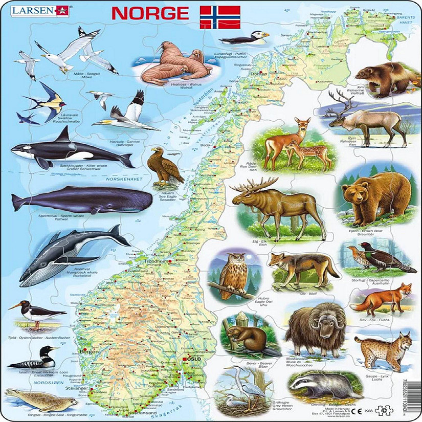 Larsen Norway Map with Animals 62 Piece Children's Educational Jigsaw Puzzle Image