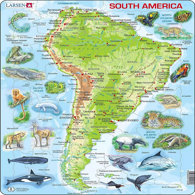 Larsen South America Map with Animals 65 Piece Children's Educational Jigsaw Puzzle Image