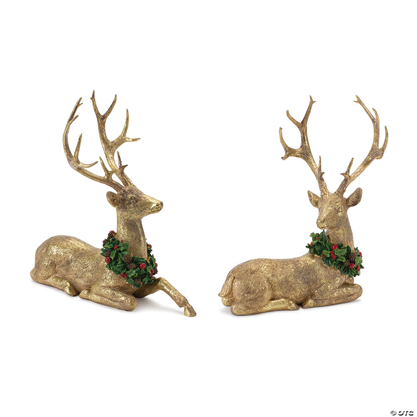 Laying Deer Figurine With Holly Wreath Deer (Set Of 2) 8.5"L X 10.5"H, 10.25"L X 10.5"H Resin Image