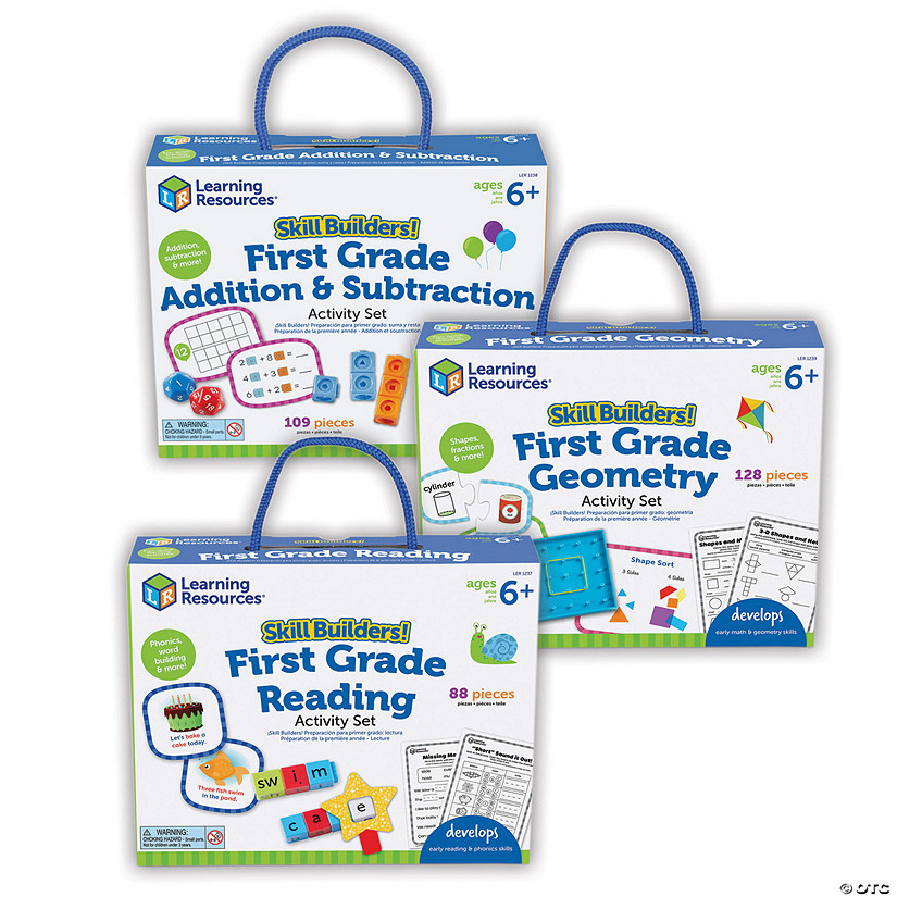 Learning Resources Skill Builders! 1st Grade Activity Set 3-Pack, Reading, Addition & Subtraction, Geometric Shapes Image