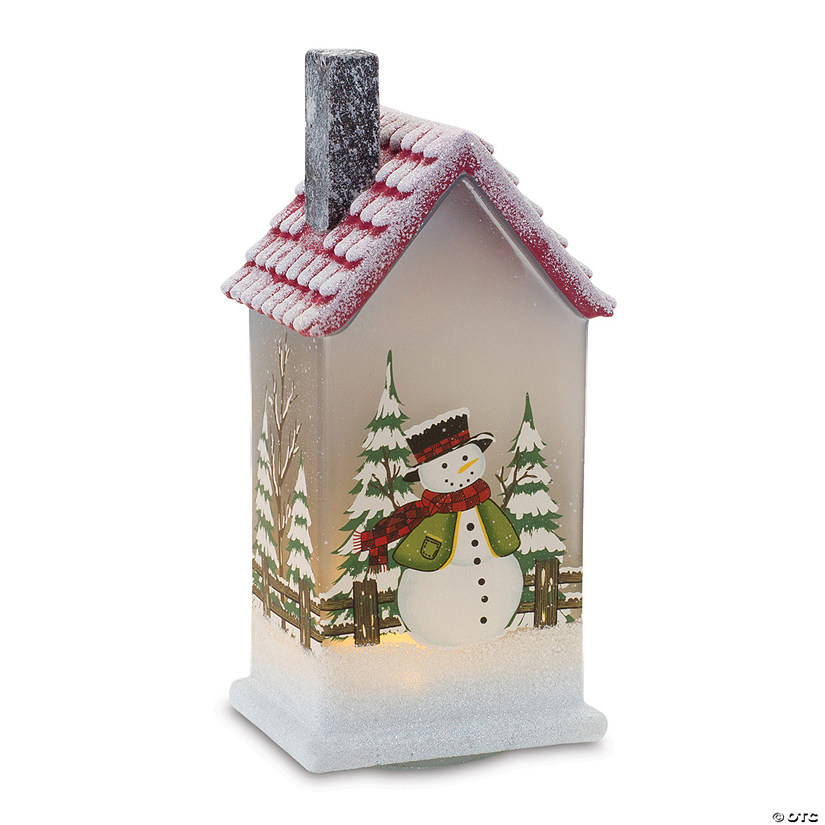 Led House With Snowman (Set Of 2) 9"H Glass 2 Aaa Batteries, Not Included Image