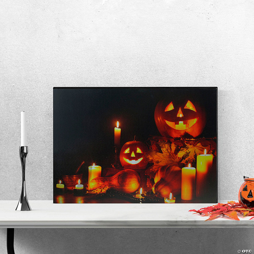 LED Lighted Jack-O-Lanterns and Leaves Halloween Canvas Wall Art 15.75" x 23.5" Image