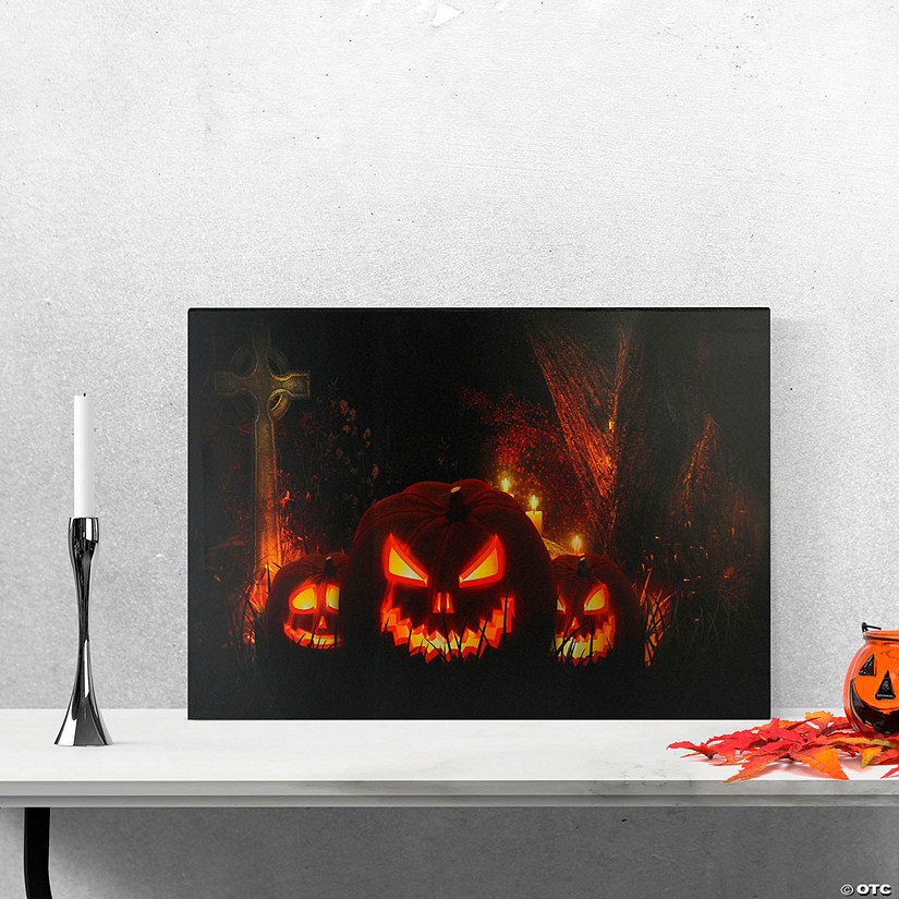 LED Lighted Jack-O-Lanterns in a Cemetery Halloween Canvas Wall Art 23.5" x 15.5" Image