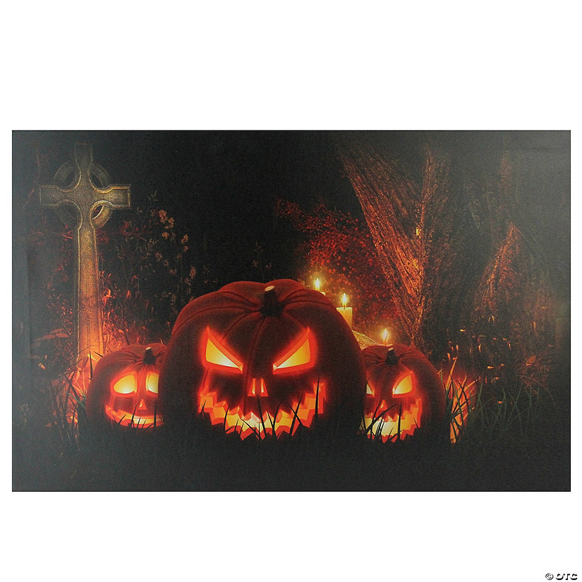 LED Lighted Jack-O-Lanterns in a Cemetery Halloween Canvas Wall Art 23.5" x 15.5" Image