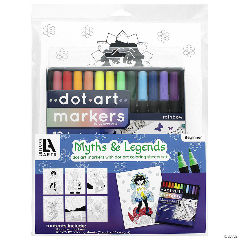Leisure Arts Dot Art Coloring Sheets Myths & Legends Set With Markers 24pc Image