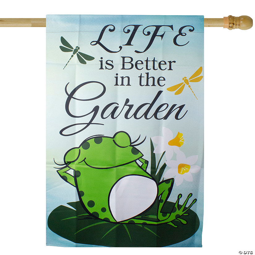 Life is Better in the Garden Green Frog Outdoor House Flag 28" x 40" Image