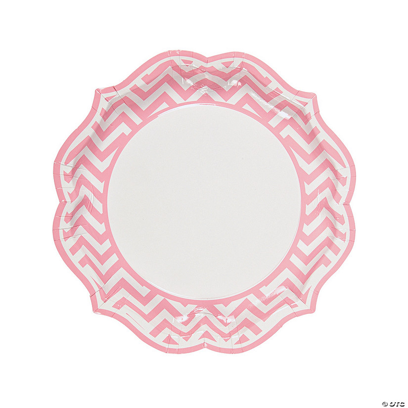 Light Pink Chevron Zigzag Stripes Scalloped Paper Dinner Plates - 8 Ct. Image