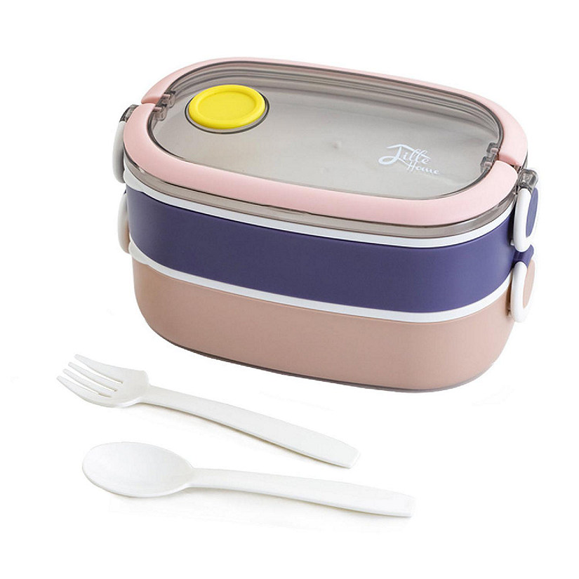 1pc Microwaveable Plastic Double-layer Lunch Box With Utensils
