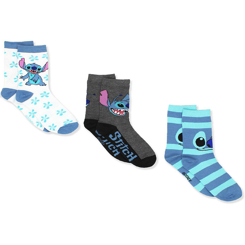 Lilo & Stitch Women's 3 pack Crew Socks (Large (9-11), Stitch White/Blue) Image