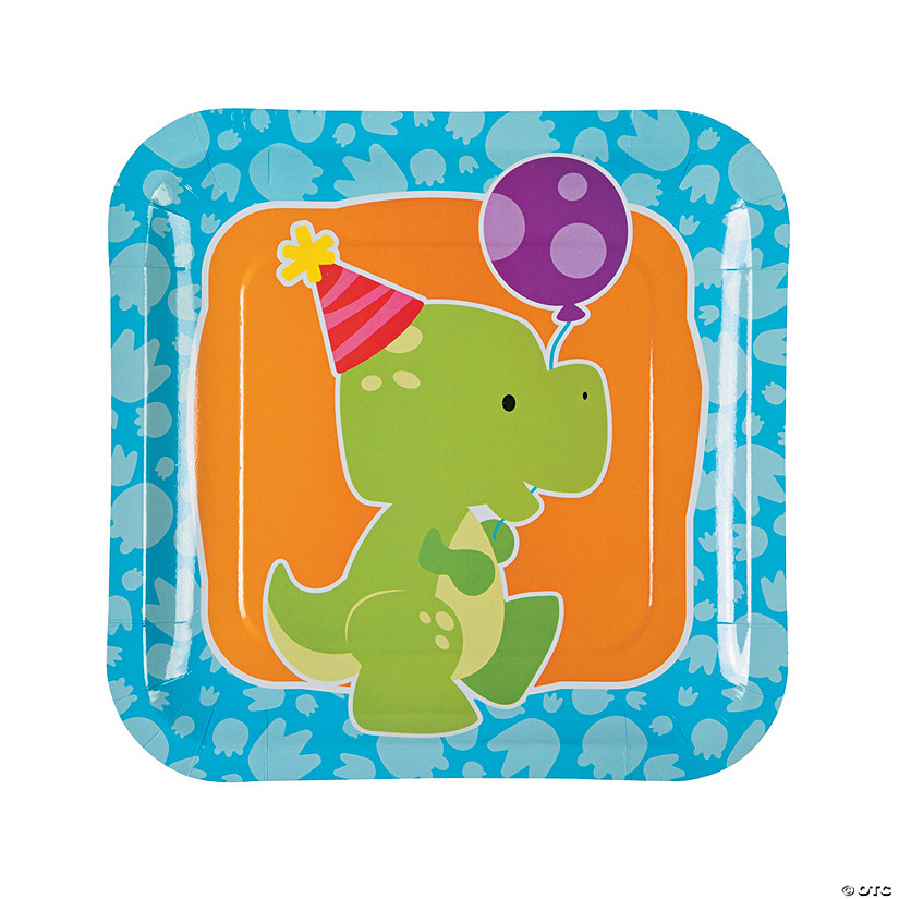 Little Dino Party Square Paper Dinner Plates - 8 Ct. Image