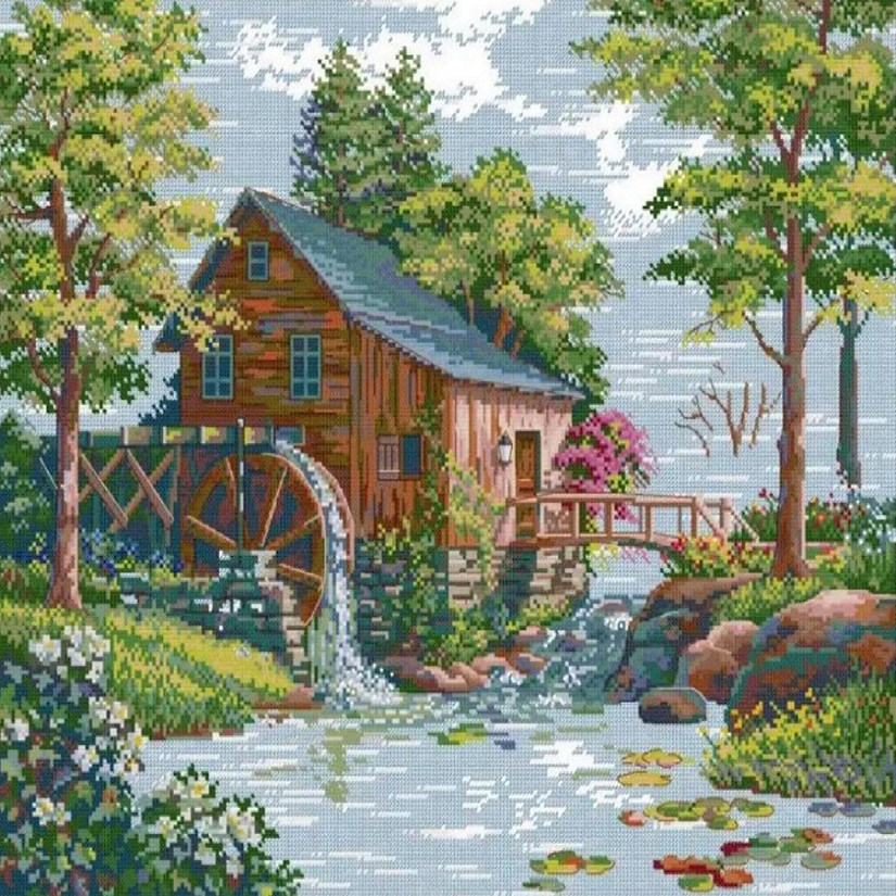 Watermill Scenery Cross Stitch Needlework Embroidery