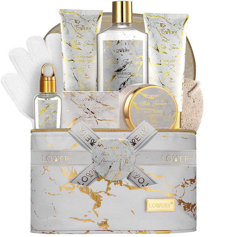 Lovery 9pc White Jasmine Home Spa Set with Cosmetic Bag, Bath and Body Self Care Gift Image