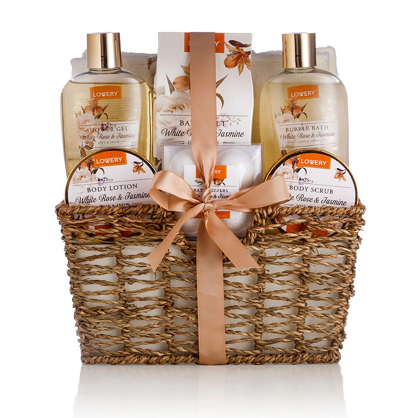 Lovery Home Spa Gift Basket - White Rose & Jasmine - Luxury 11 pc Bath & Body gift Image