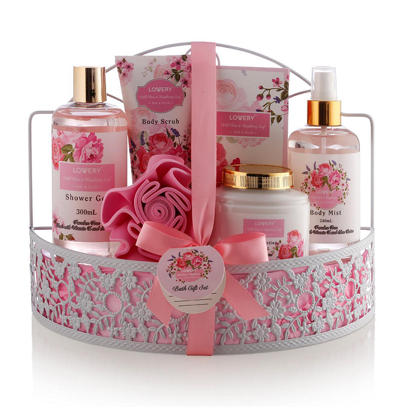 Lovery Home Spa Gift Basket Wild Rose & Raspberry Leaf Scent 7pc
