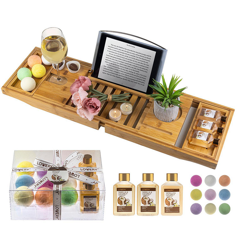 Lovery Premium Bamboo Bathtub Caddy Gift Set Expandable Tray
