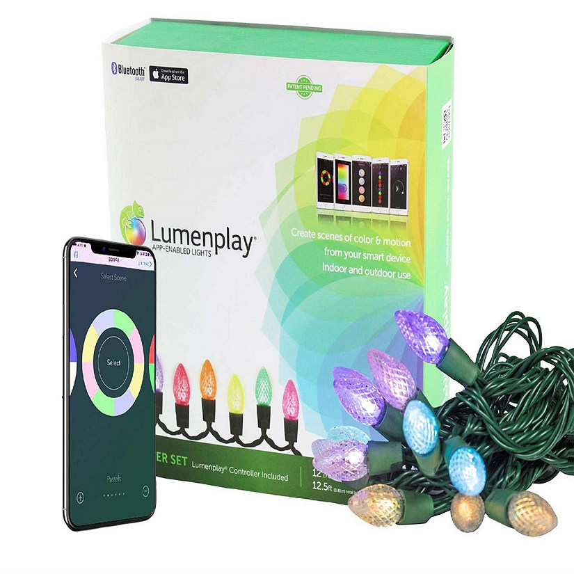 Lumenplay Starter Set, 12 RGB UL LED String Lights, App Controlled, Green Wire, 12.5 feet Image