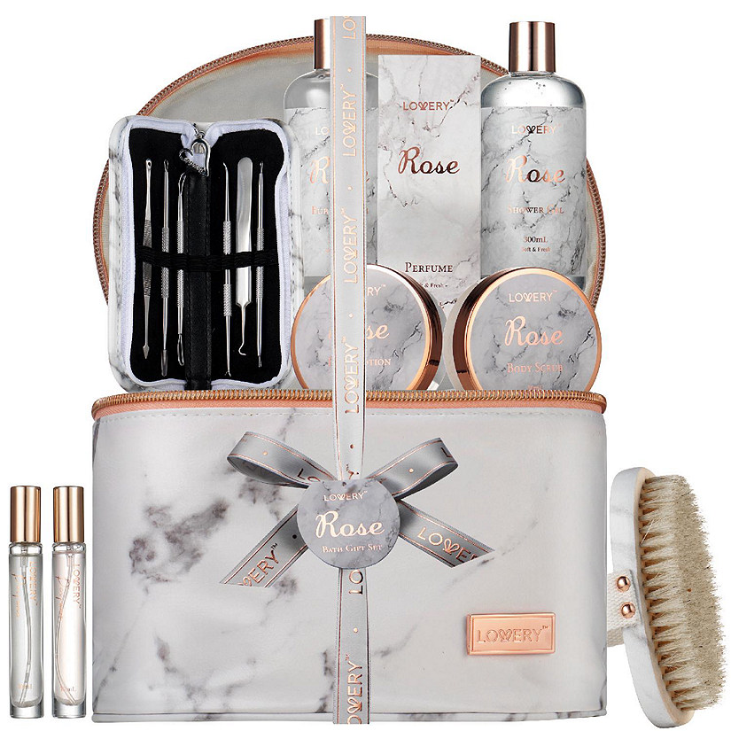 Lovery Luxe 16pc Bath and Body Set with Cosmetic Bag, Perfumes and More, Rose Spa Kit, Gold