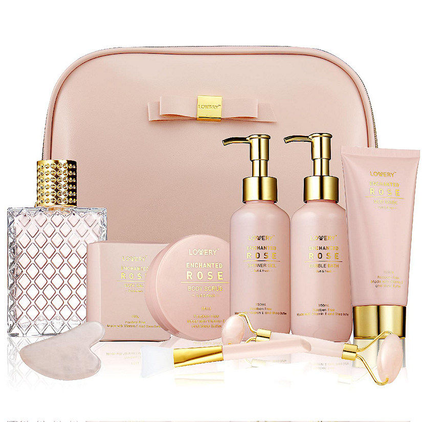 Luxury Enchanted Rose Bath and Body Beauty Kit with Leather Bag, Jade Roller Image