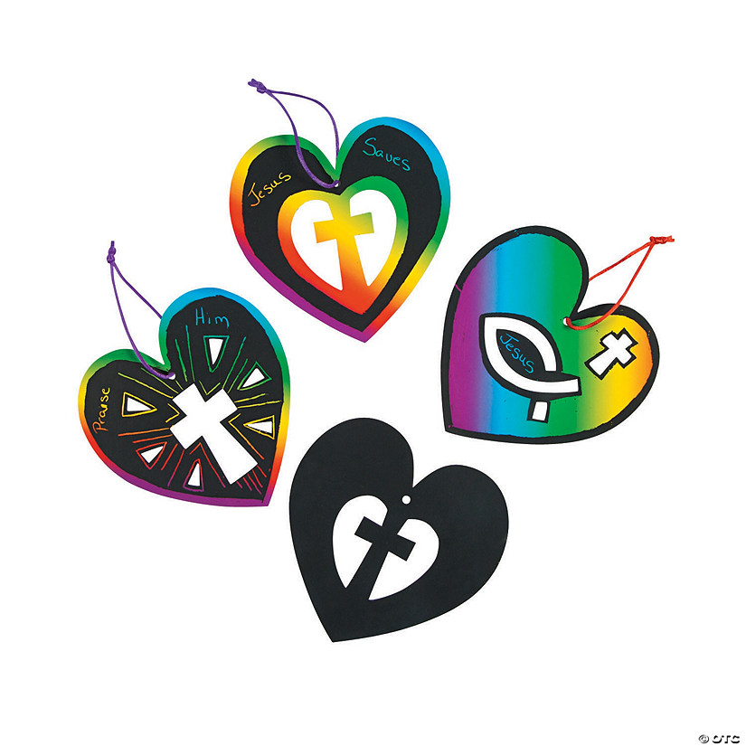 Magic Color Scratch Religious Heart Ornaments - 24 Pc. Image