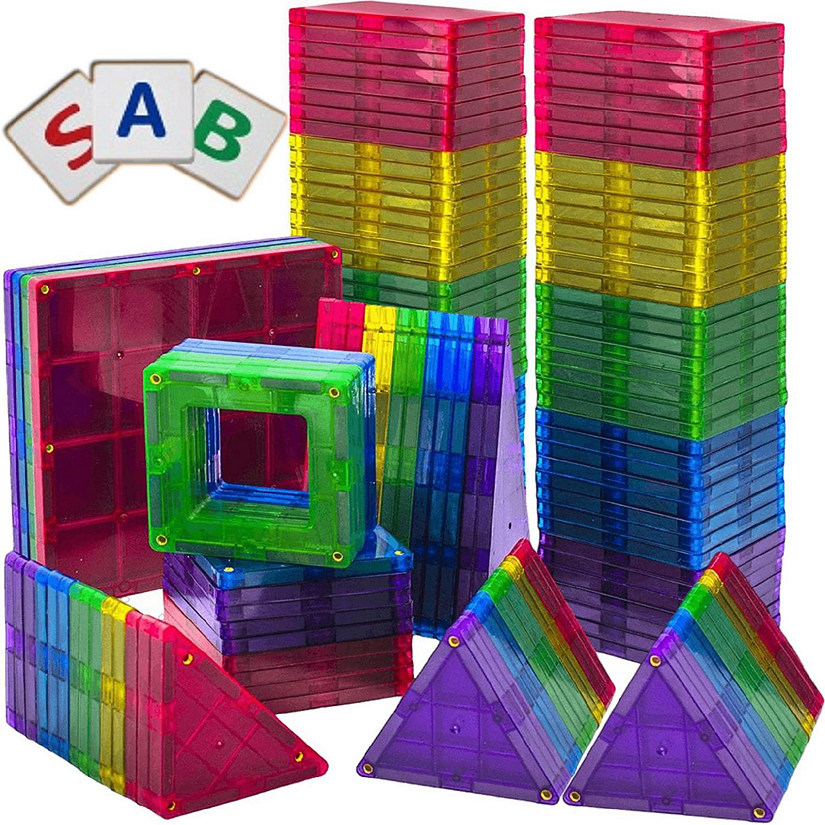 Magnetic Building Blocks 100 Set - Magnet Toys Building Strongest Magnets - Magnetic Tiles Includes Bonus 13 Piece Insert Alphabet Cards - STEM 3D Magnet Tiles Image