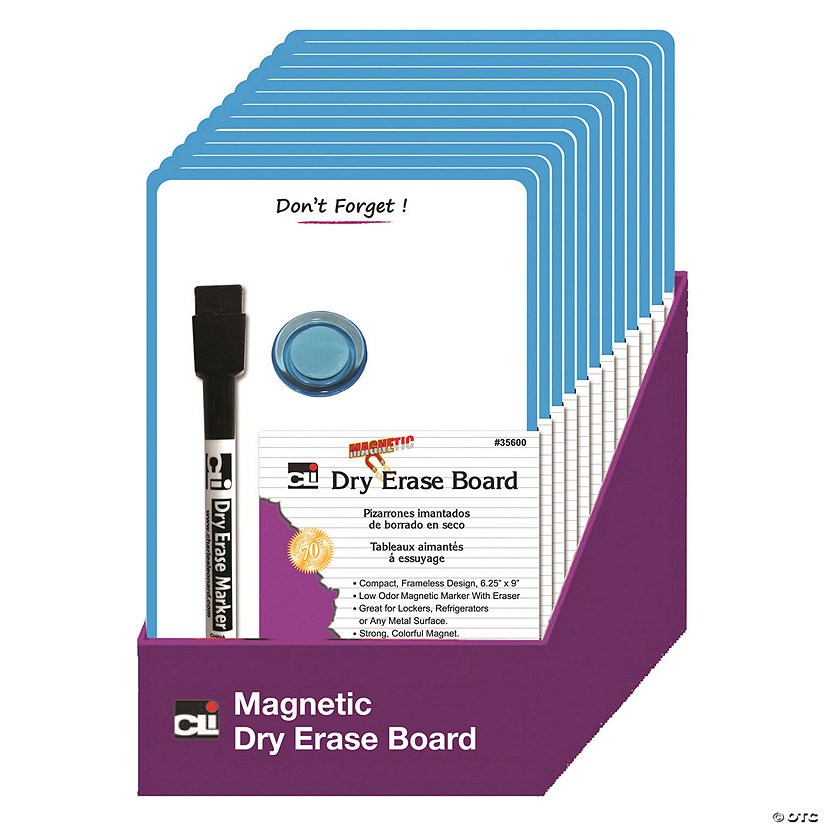 Magnetic Mini Dry Erase Boards, 6-1/4" x 9", Marker w/Eraser and 1 Magnet, Blue Frame, Pack of 12 Image