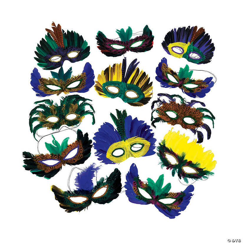 Mardi Gras Feather Mask Assortment- 12 Pc. Image