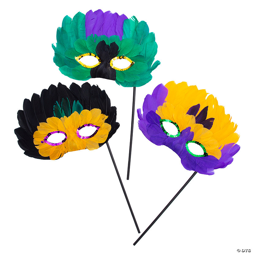 Mardi Gras Feather Mask with Stick- 12 Pc. Image