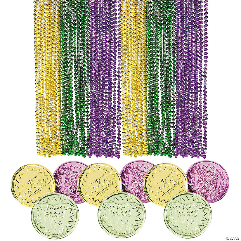 Mardi Gras Multicolor Plastic Beads &amp; Coins Kit &amp;#8211; 192 Pc. Image