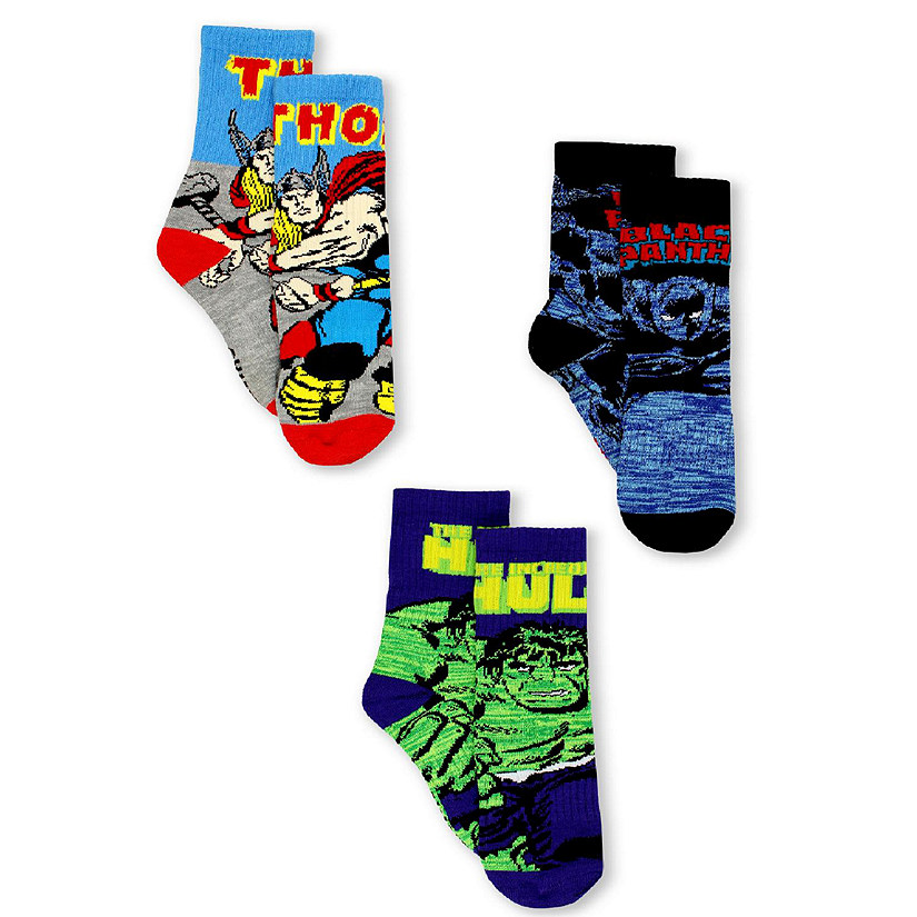 Marvel Avengers Black Panther Hulk Thor Teen Men's 3 pack Crew Socks Set (Shoe: 6-12 (Sock: 10-13), Black/Blue) Image