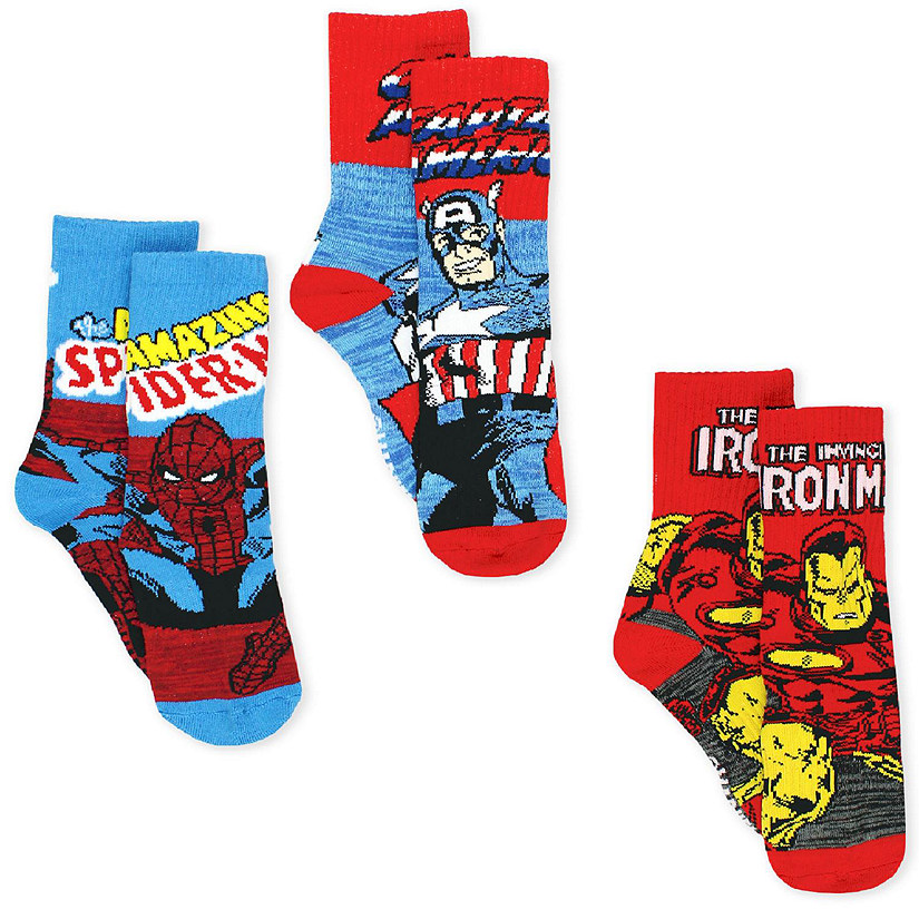 Marvel Avengers Spider-Man Iron Man Captain America Men's 3 pack Crew Socks Set (Shoe: 6-12 (Sock: 10-13), Blue/Red) Image