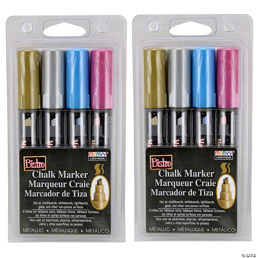 Marvy Uchida Bistro Chalk Markers, Chisel Tip, Silver, Gold, Blue, Red, 4 Per Pack, 2 Packs Image