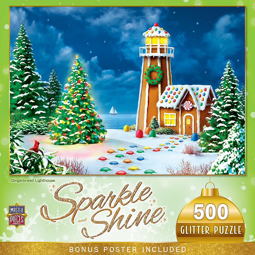 MasterPieces 500 Piece Glitter Christmas Puzzle Gingerbread Lighthouse Image