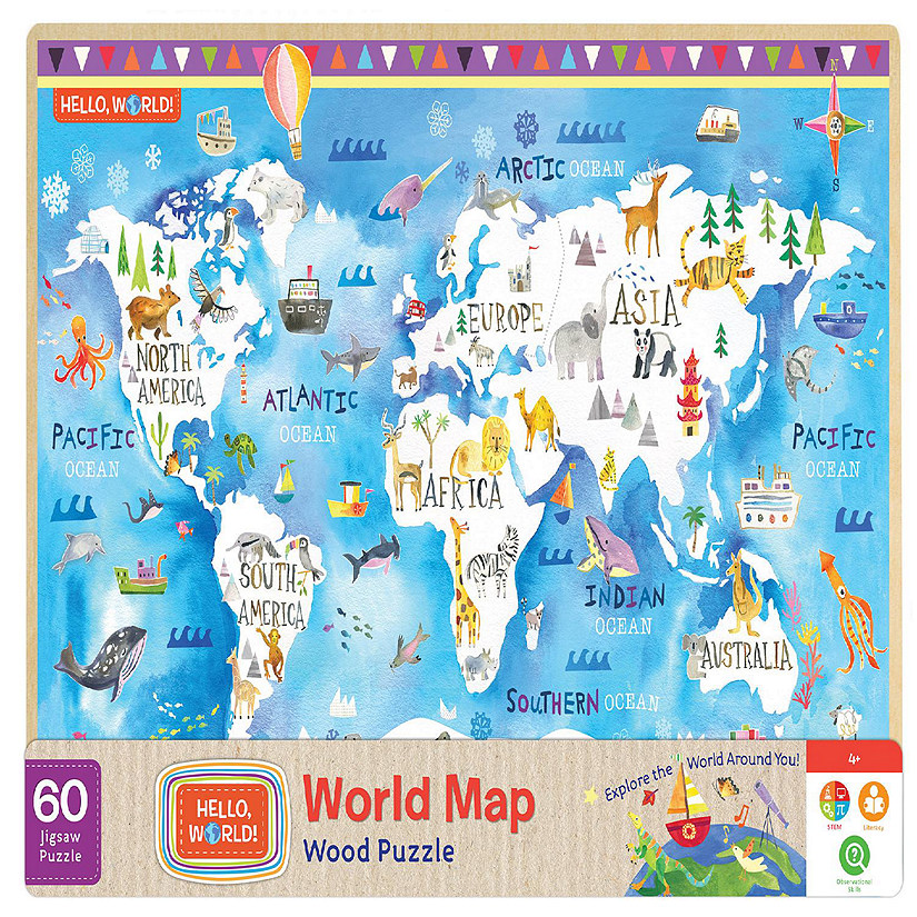 MasterPieces Hello, World! - World Map 60 Piece Wood Jigsaw Puzzle Image
