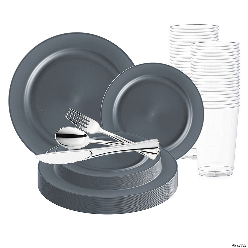 Matte Charcoal Gray Round Disposable Plastic Wedding Value Set - 120 Settings Image
