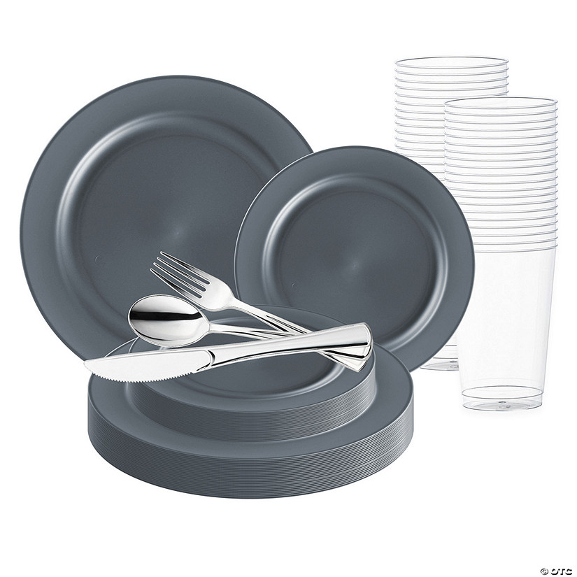 Matte Charcoal Gray Round Disposable Plastic Wedding Value Set - 60 Settings Image