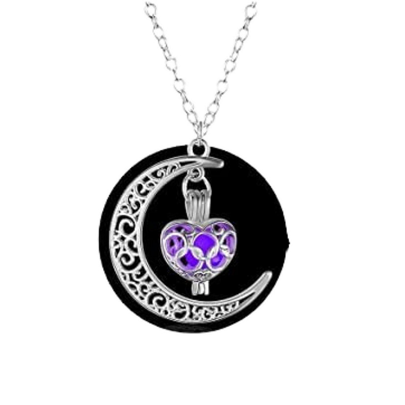 Maya's Grace Crescent  Moon Glow in The Dark Heart Pendant Silver Necklace - Purple Image
