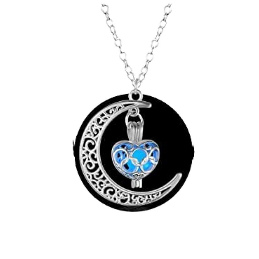 Maya's Grace Crescent Sailor Half Moon Glow in The Dark Dangling Moonstone Heart Pendant Silver Necklace for Women - Glow Moon Blue Image