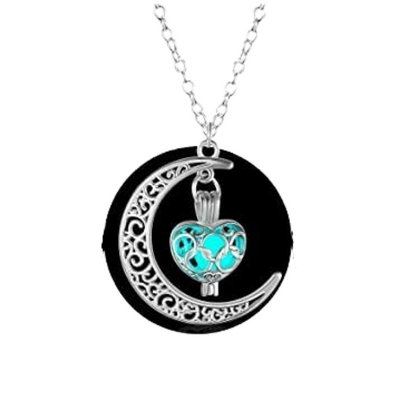 Maya's Grace Crescent Sailor Half Moon Glow in The Dark Dangling Moonstone Heart Pendant Silver Necklace for Women -  Glow Moon Skyblue Image
