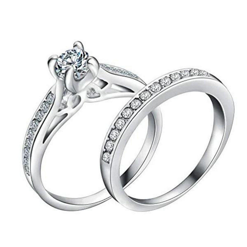 Maya's Grace Silver CZ Crystal Engagement Wedding Ring Band 2 Piece Set - Size 7 Image