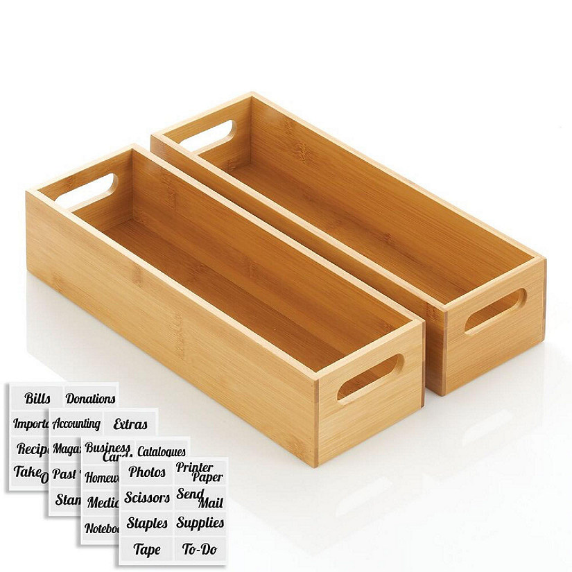 mDesign Bamboo Home Office Supplies Organizer Box with Handles and 32 Labels, 2 Pack Natural