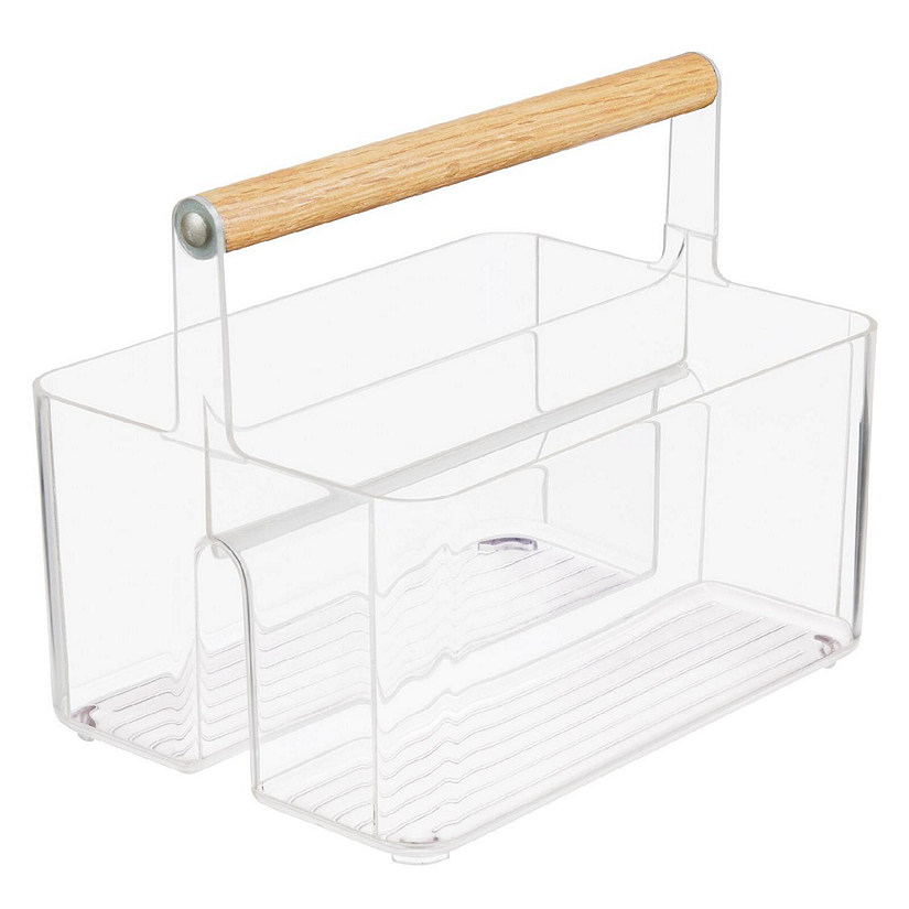mDesign Divided Makeup Organizer Caddy with Natural Oak Handle,  Clear/Natural