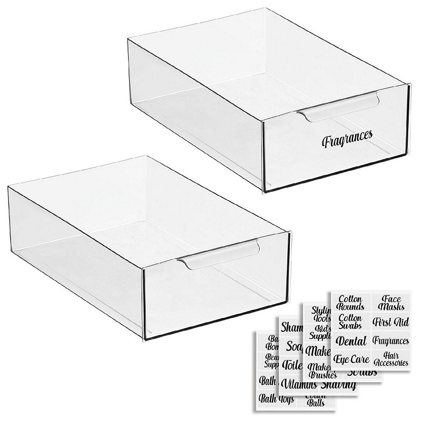 mDesign Modern Plastic Drawer Organizer for Bathroom 2 Pack + 32 Labels